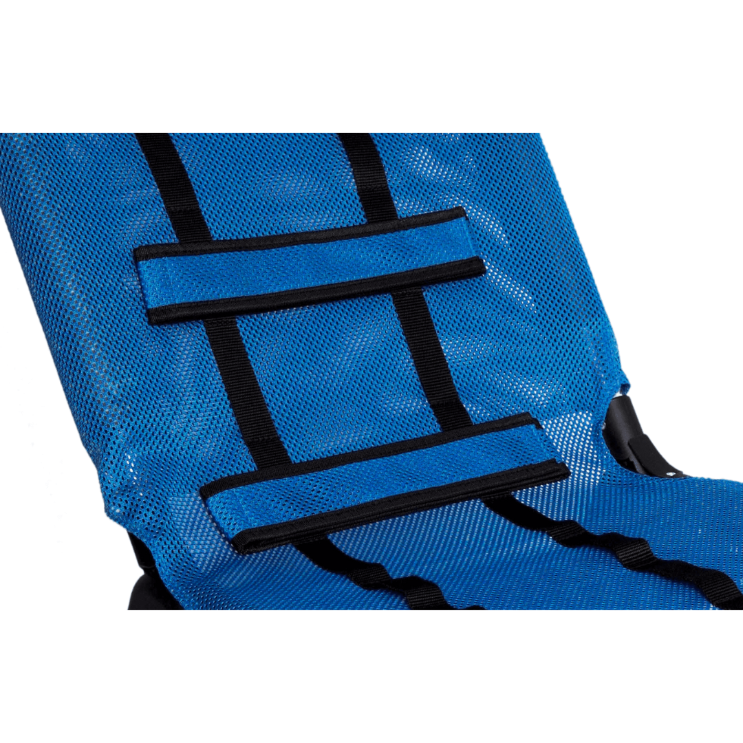Close-up of the Circle Specialty Pediatric Anchor Bath Chair's blue mesh seat with black straps and two padded sections. The breathable, supportive material offers comfort and usability, making it ideal as a mobility aid for children.
